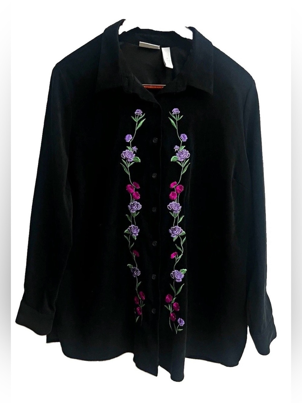 Cascade Blue Black Floral Embroidered Button Up Blouse Jacket 1X Cottagecore